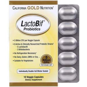 California Gold Nutrition, LactoBif, пробиотики, 5 млрд КОЕ, 10 растительных капсул California Gold Nutrition, LactoBif, пробиотики, 5 млрд КОЕ, 10 растительных капсул